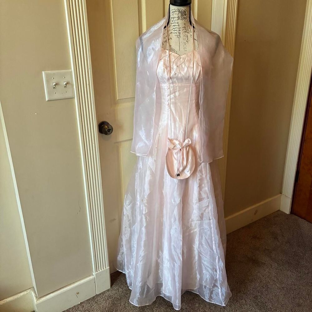 Poly 90s Fairytale Baby Pink Sheer Shimmering Beaded Bust Cross Back Prom Dress